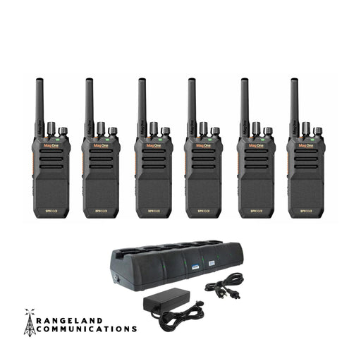 Set of six walkie-talkies with charging station and accessories on a white background, featuring Rangeland Communications logo.